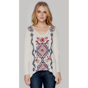 JWLA Johnny Was Ivory Delta Embroidered Long Sleeve Tee Shirt Trapeze Hem Small
